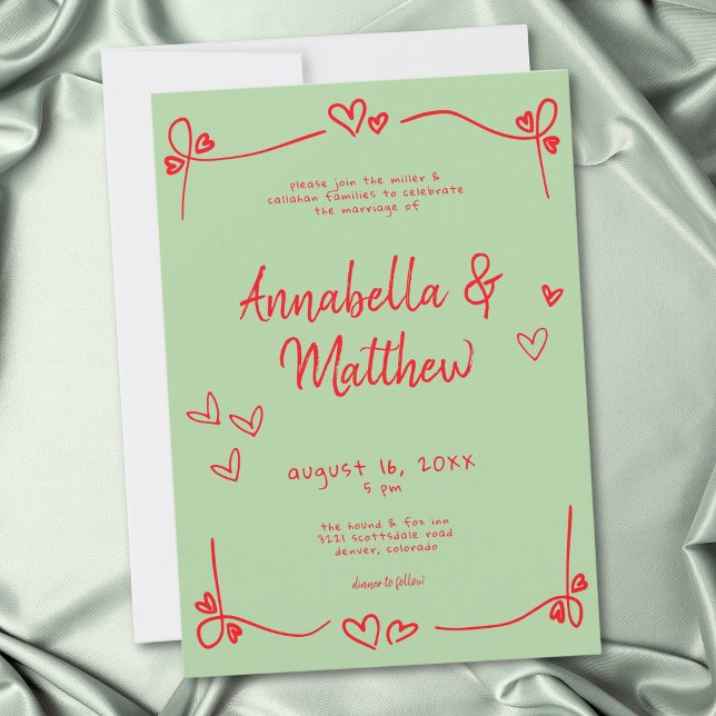 Invitation Mariage Fantaisiste à la Main Cœur Vert Rouge  (Green Red Hand Drawn Heart Whimsical Wedding Invitation)
