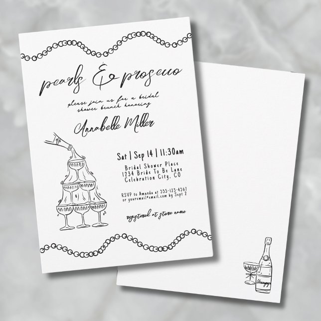Invitation Mariage fantaisiste à la main perles prosecco pour (Whimsical Hand Drawn Pearls Prosecco Bridal Shower Invitation)