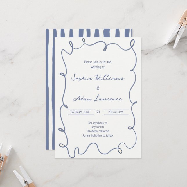 Invitation Mariage fantaisiste à rayures manuscrites bleues (Devant/Arrière en situation)