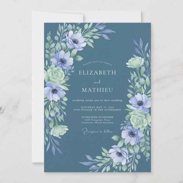 Invitation Mariage Fantaisiste Anémone Pervenche Ardoise (Devant)