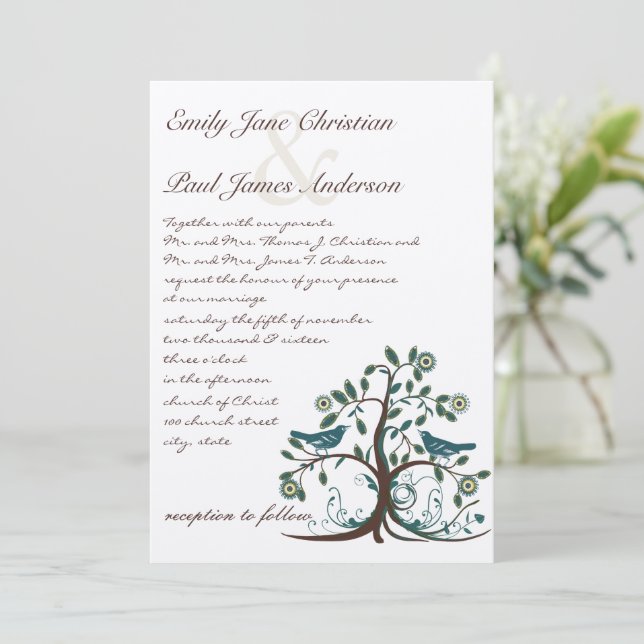 Invitation Mariage Fantaisiste Arbre Turquoise Jaune & Marron (Debout devant)