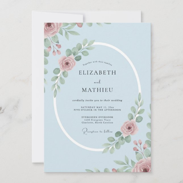 Invitation Mariage fantaisiste aux fleurs bleu pâle (Devant)