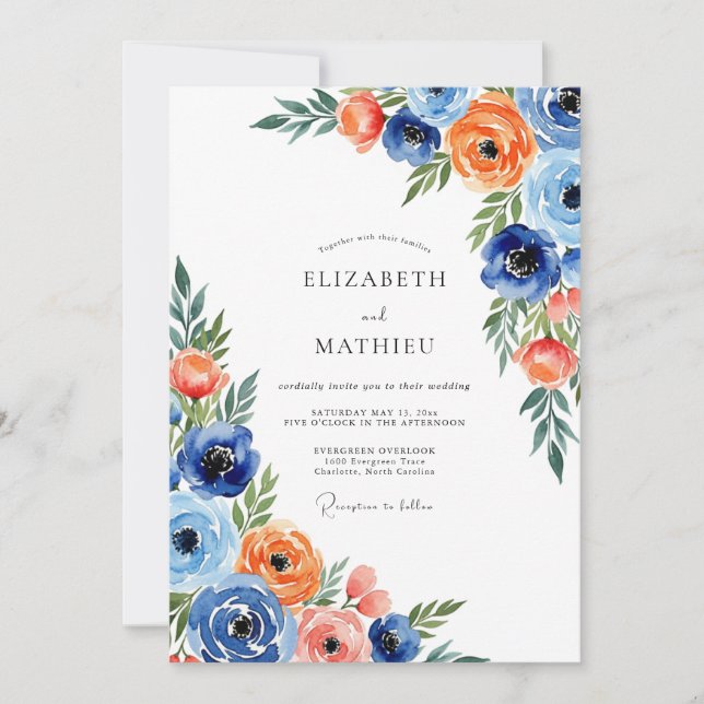 Invitation Mariage fantaisiste aux fleurs bleues et orange (Devant)