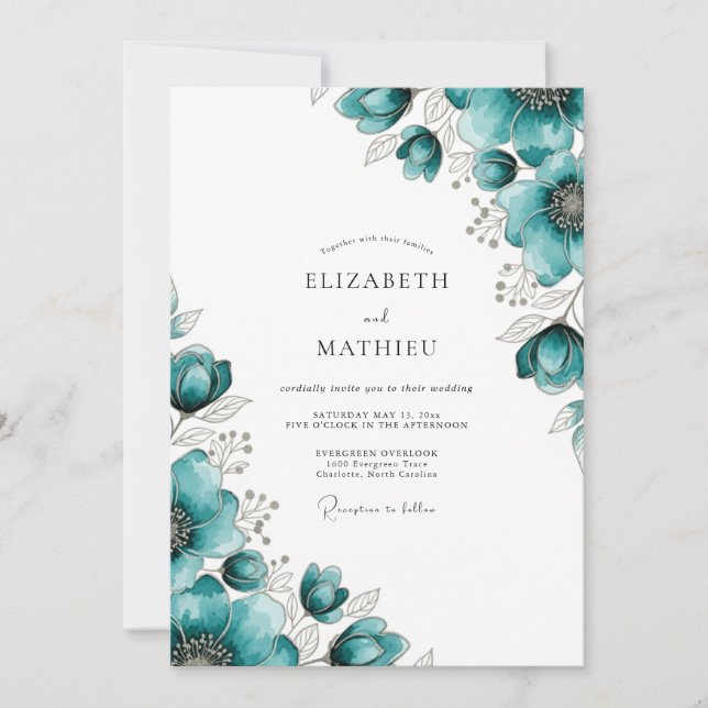 Invitation Mariage fantaisiste aux fleurs de bleu-vert (Devant)