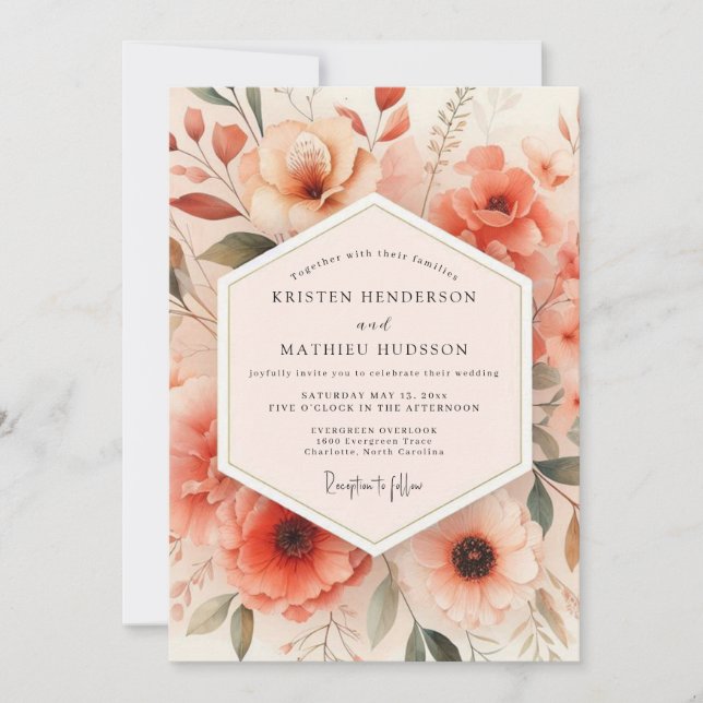 Invitation Mariage fantaisiste aux fleurs de corail (Devant)