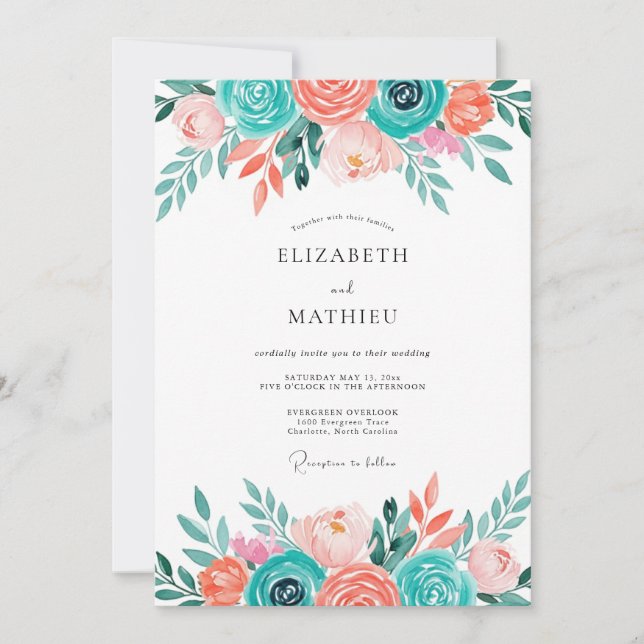 Invitation Mariage fantaisiste aux fleurs de corail sarcelle (Devant)