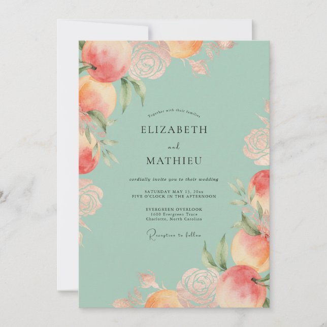 Invitation Mariage fantaisiste aux fleurs de pêche (Devant)