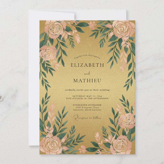 Invitation Mariage fantaisiste aux fleurs dorées et pêche (Devant)