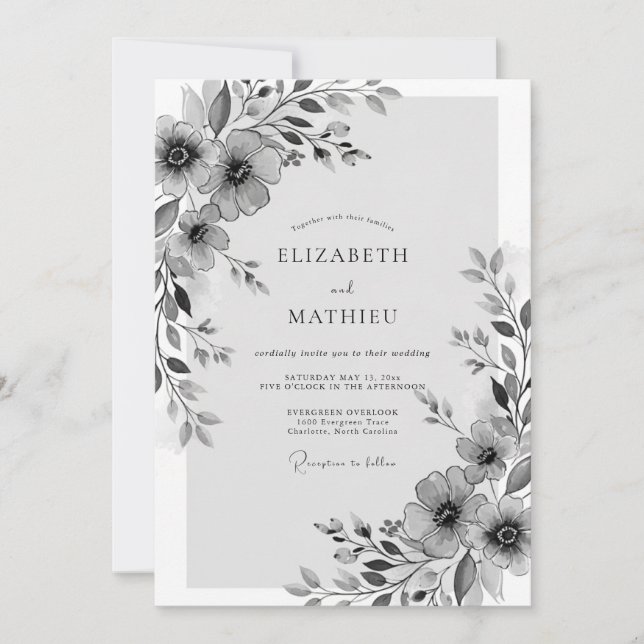 Invitation Mariage fantaisiste aux fleurs grises (Devant)