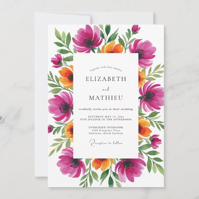 Invitation Mariage Fantaisiste aux Fleurs Magenta (Devant)