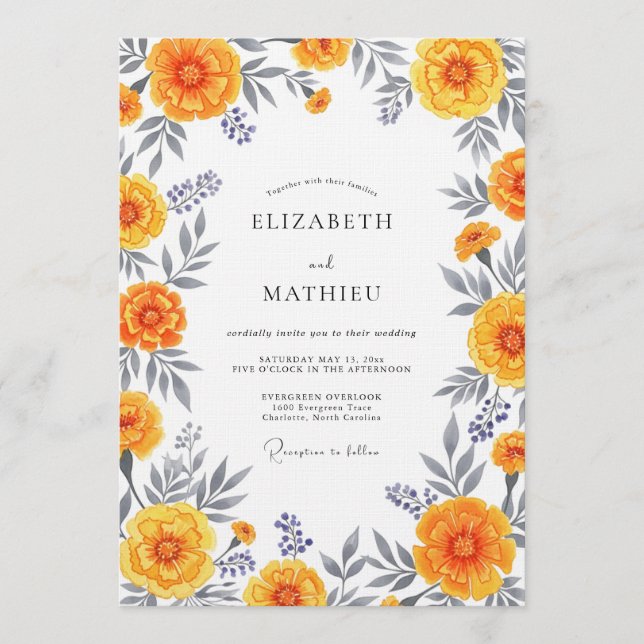 Invitation Mariage Fantaisiste aux Fleurs Orange (Devant)