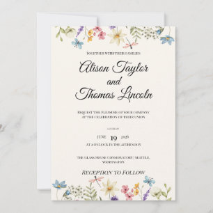 Invitation Mariage Fantaisiste aux Fleurs Sauvages et Papillo
