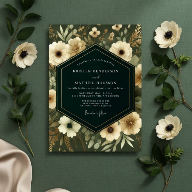 Invitation Mariage fantaisiste aux fleurs vert olive (Créateur téléchargé)