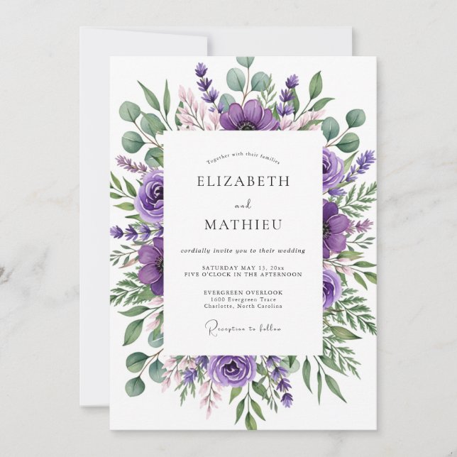 Invitation Mariage Fantaisiste aux Fleurs Violettes (Devant)