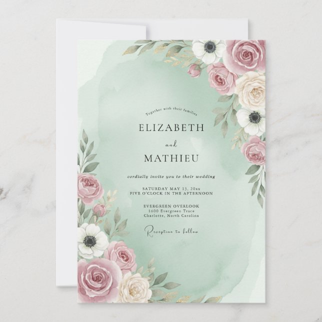 Invitation Mariage Fantaisiste aux Tons de Rose et Menthe (Devant)