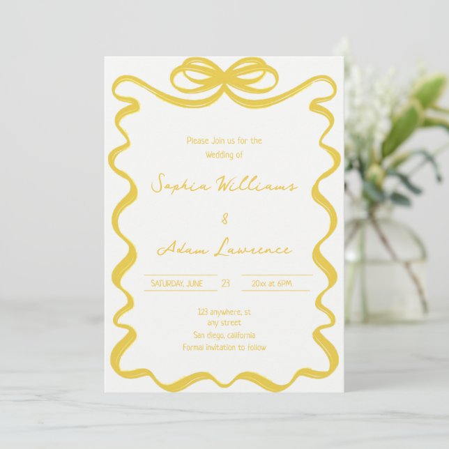 Invitation Mariage fantaisiste avec rayures manuscrites jaune (Debout devant)