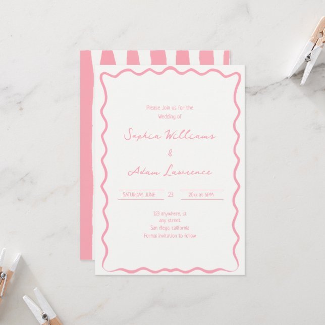 Invitation Mariage Fantaisiste avec Rayures Manuscrites Rose (Devant/Arrière en situation)