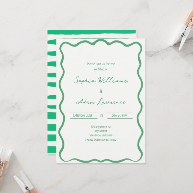 Invitation Mariage Fantaisiste avec Rayures Manuscrites Verte (Devant/Arrière en situation)