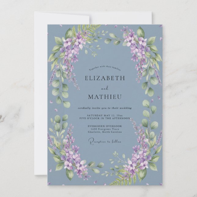 Invitation Mariage fantaisiste bleu ardoise floral (Devant)