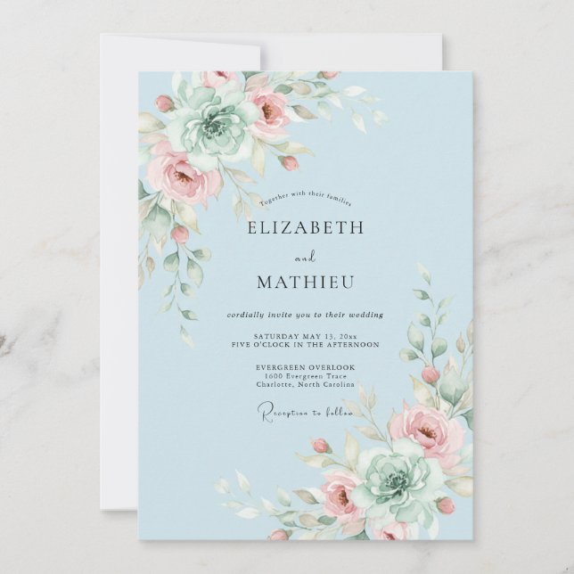 Invitation Mariage Fantaisiste Bleu Ciel Fleurissant (Devant)