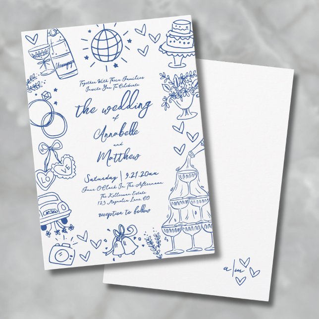 Invitation Mariage Fantaisiste Bleu Dessiné à la Main (Hand Drawn Bue Whimsical Wedding Invitation)