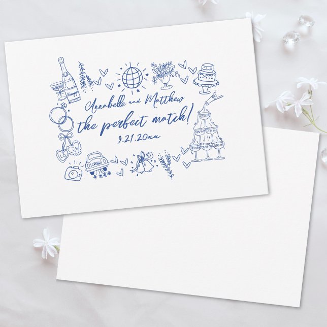 Invitation Mariage Fantaisiste Bleu Parfait Dessiné à la Main (Hand Drawn Perfect Match Blue Whimsical Wedding Invitation)