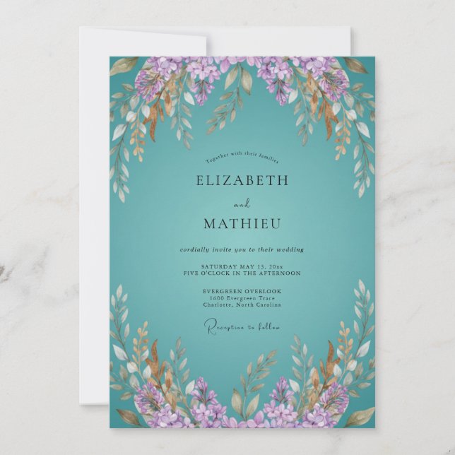 Invitation Mariage Fantaisiste Bleu-vert Fleurissant (Devant)