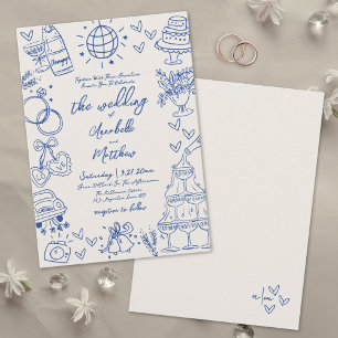 Invitation Mariage Fantaisiste Bleu Vintage Dessiné à la Main