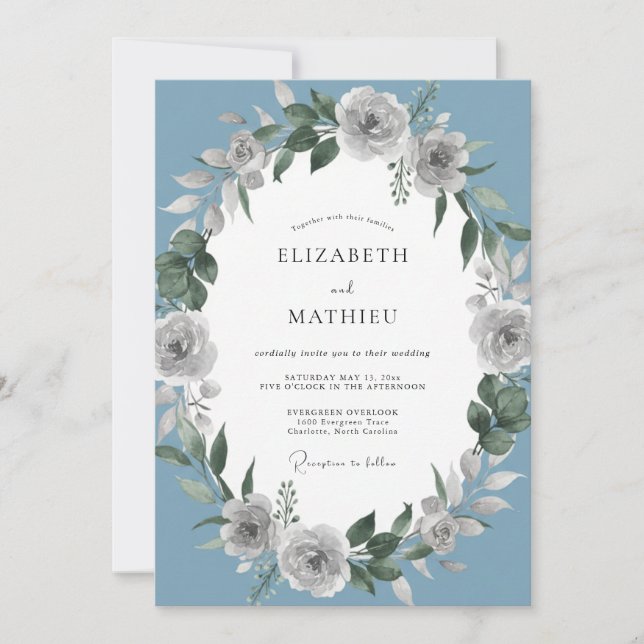 Invitation Mariage fantaisiste botanique bleu poussiéreux (Devant)