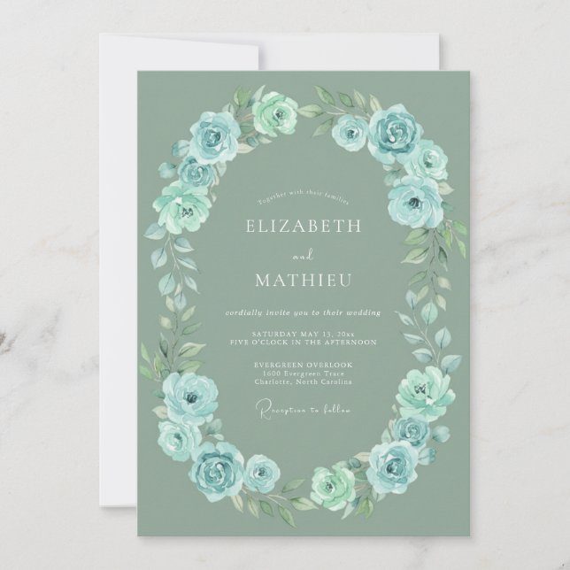 Invitation Mariage fantaisiste botanique bleu sage (Devant)
