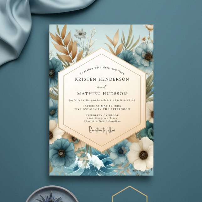 Invitation Mariage fantaisiste botanique sarcelle (Créateur téléchargé)