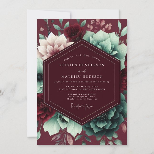 Invitation Mariage fantaisiste Burgundy Bloom (Devant)
