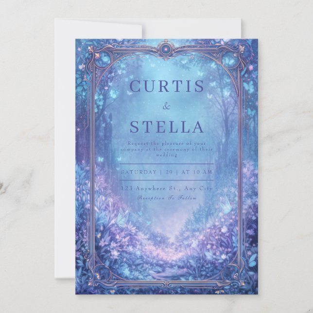 Invitation Mariage Fantaisiste dans une Forêt Enchantée Bleue (Devant)