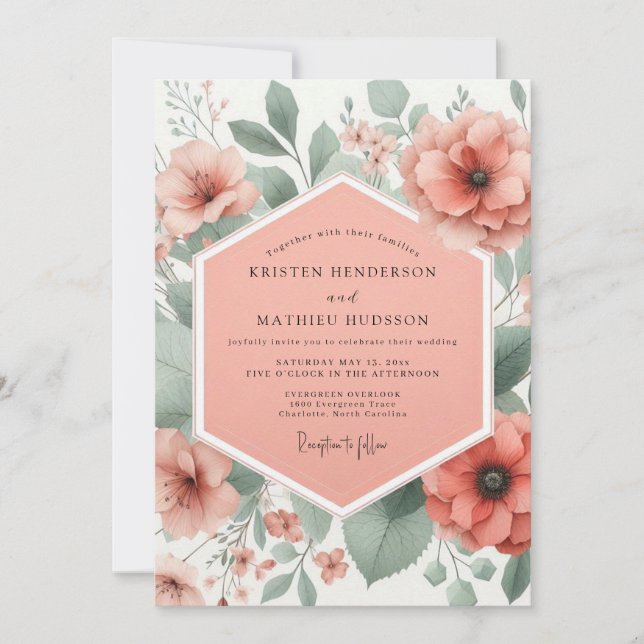 Invitation Mariage fantaisiste de floraison de corail (Devant)