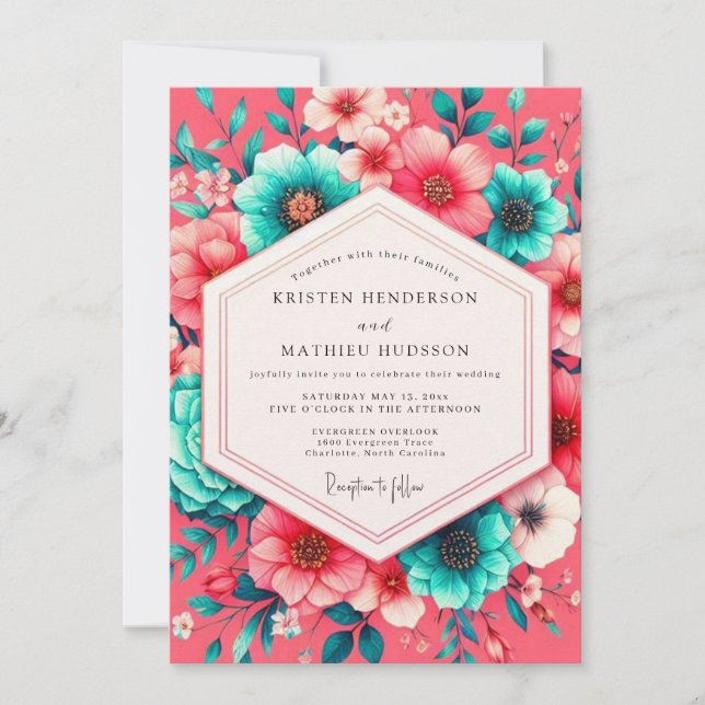 Invitation Mariage fantaisiste de floraison de corail (Devant)