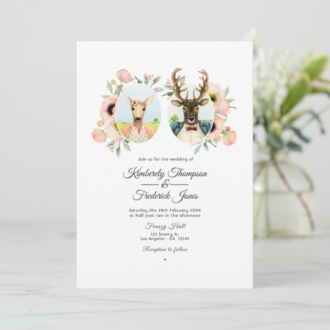 Invitation Mariage Fantaisiste de la Forêt Rustique avec Cerf (Debout devant)