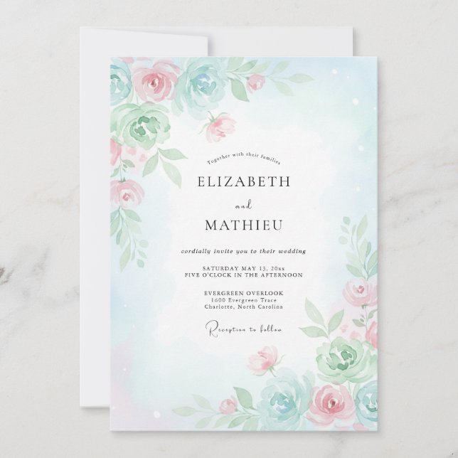 Invitation Mariage Fantaisiste de Printemps Bleu Clair (Devant)