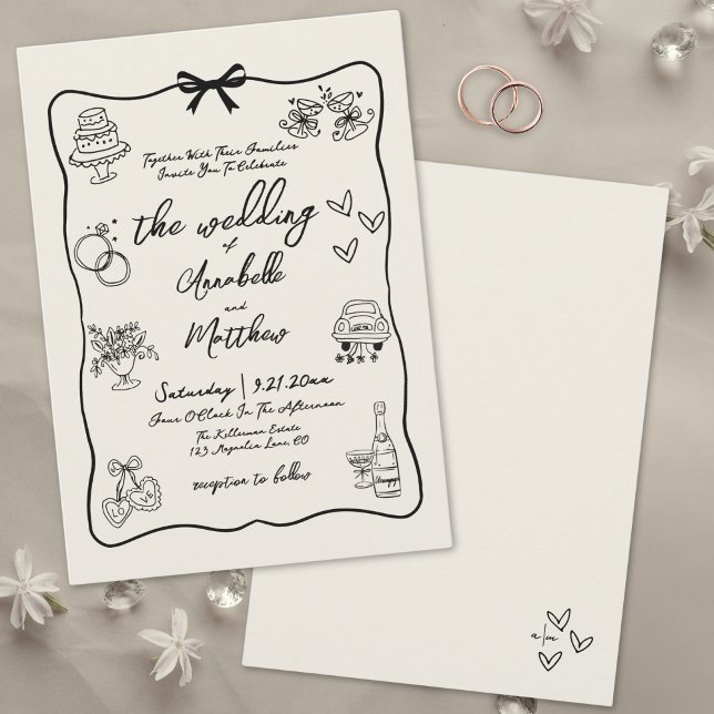 Invitation Mariage Fantaisiste de Style Rétro Dessiné à la Ma (Hand Drawn Vintage Whimsical Wedding Invitation)