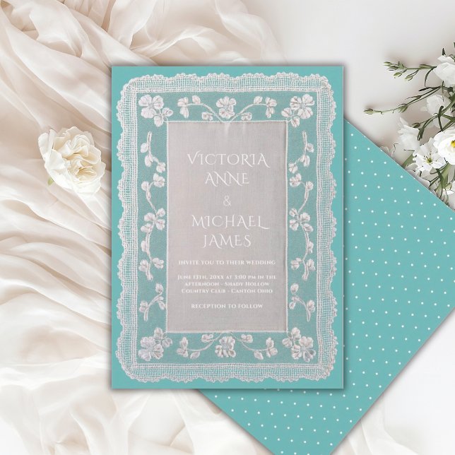 Invitation Mariage Fantaisiste Dentelle Sarcelle Vintage  (Créateur téléchargé)