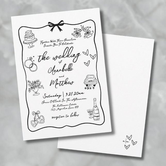 Invitation Mariage Fantaisiste Dessiné à la Main (Whimsical Hand Drawn Quirky Wedding Invitation)
