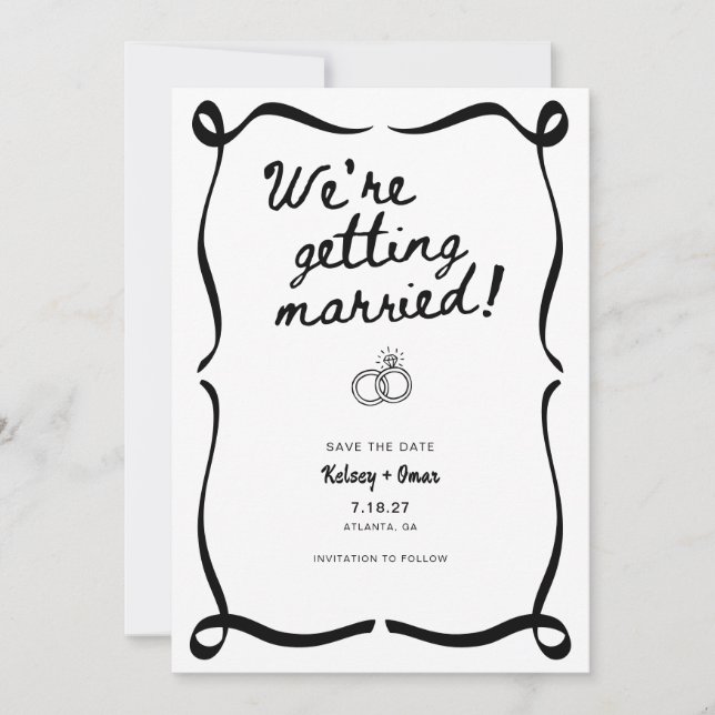 Invitation Mariage Fantaisiste Dessiné à la Main  (Devant)