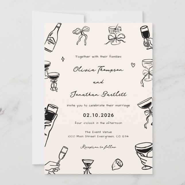 Invitation Mariage Fantaisiste Dessiné à la Main (Devant)