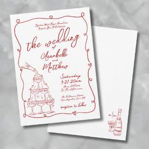 Invitation Mariage Fantaisiste Dessiné à la Main Rouge et Ori
