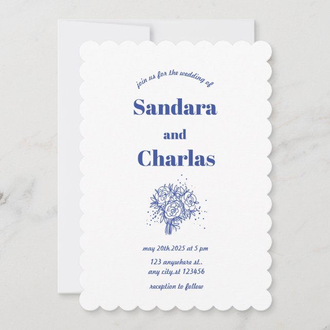 Invitation mariage fantaisiste écrit à la main en bleu simple (Devant)