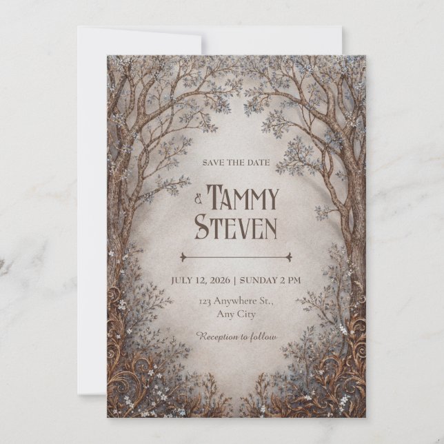 Invitation Mariage fantaisiste en forêt avec bronze filigrané (Devant)