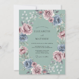 Invitation Mariage Fantaisiste Fleur Bleu Poussiéreux