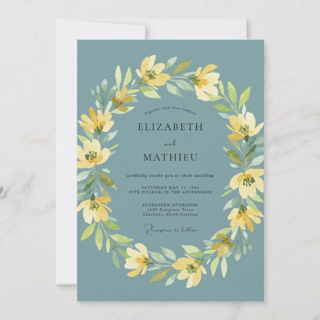 Invitation Mariage Fantaisiste Fleur Teal Jaune (Devant)