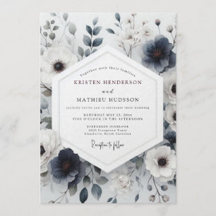 Invitation Mariage Fantaisiste Fleurs Bleu Ardoise