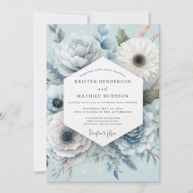 Invitation Mariage fantaisiste floral bleu clair (Devant)
