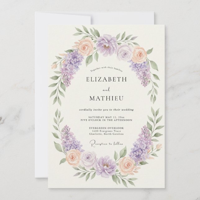 Invitation Mariage fantaisiste gracieux lilas (Devant)